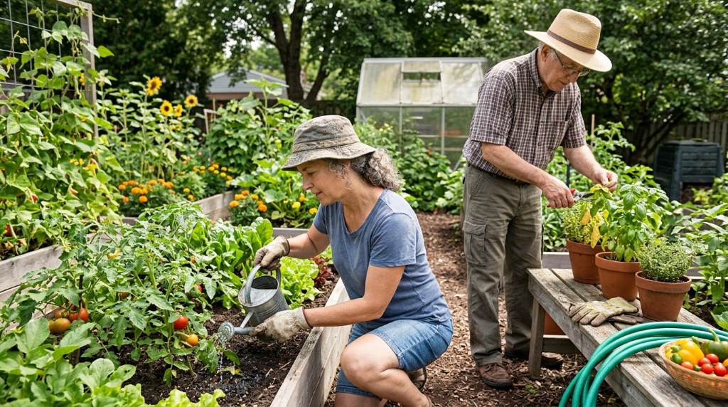 Raised garden beds with thriving flowers and vegetables in a residential Seattle neighborhood