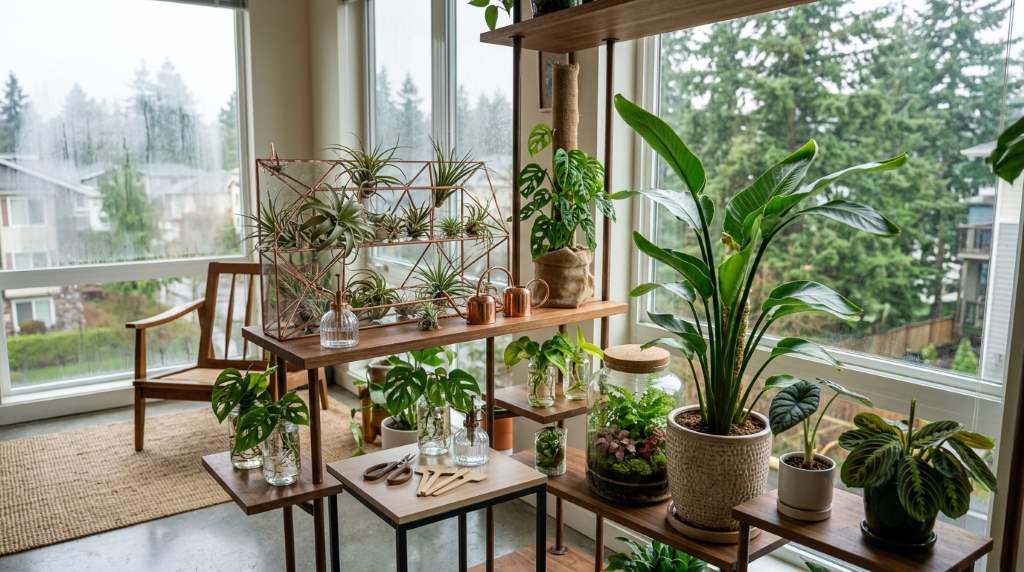 Seattle home interior with layered plant shelves featuring interactive species