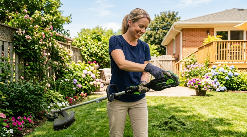 Homeowner sliding a battery into a cordless lawn trimmer outdoors.